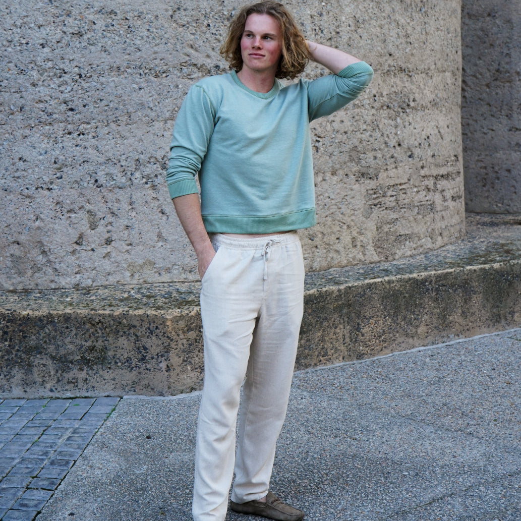 Sage Cotton Cut-Off Sweater and Oatmeal Linen Viscose Pull-On Pants