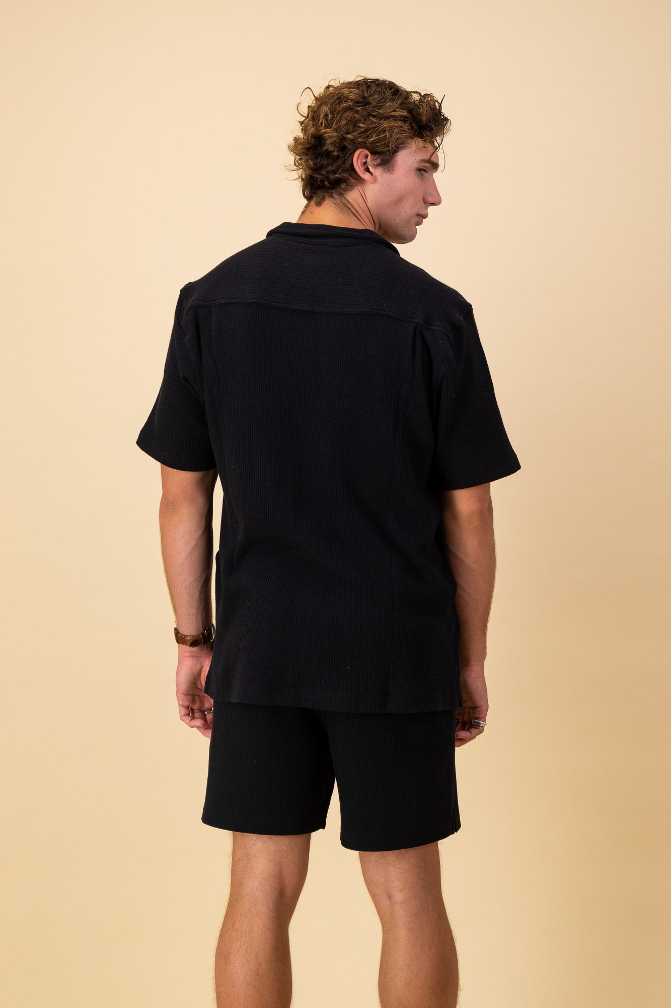 Black Cotton Waffle SS Shirt