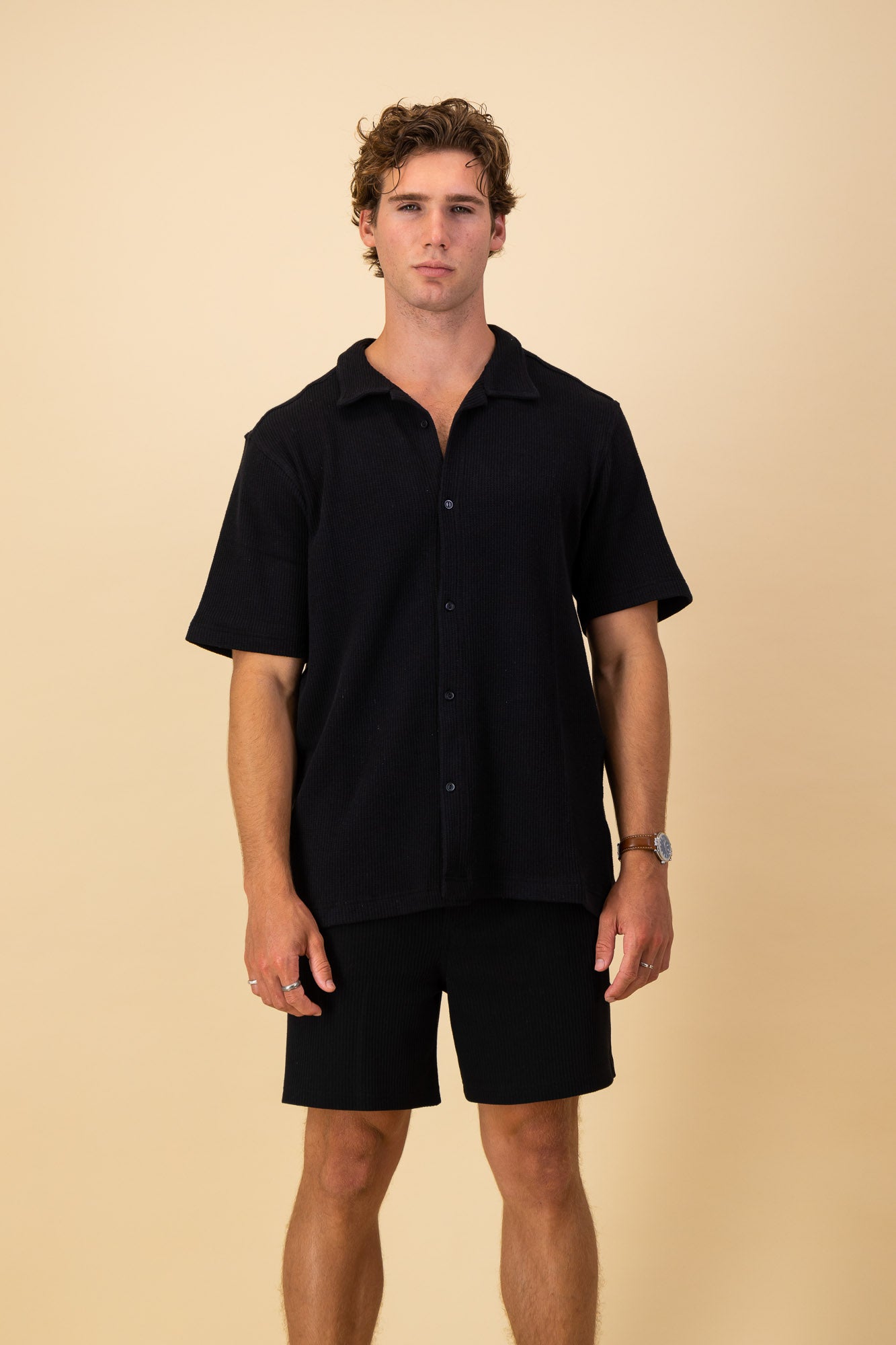 Black Cotton Waffle SS Shirt