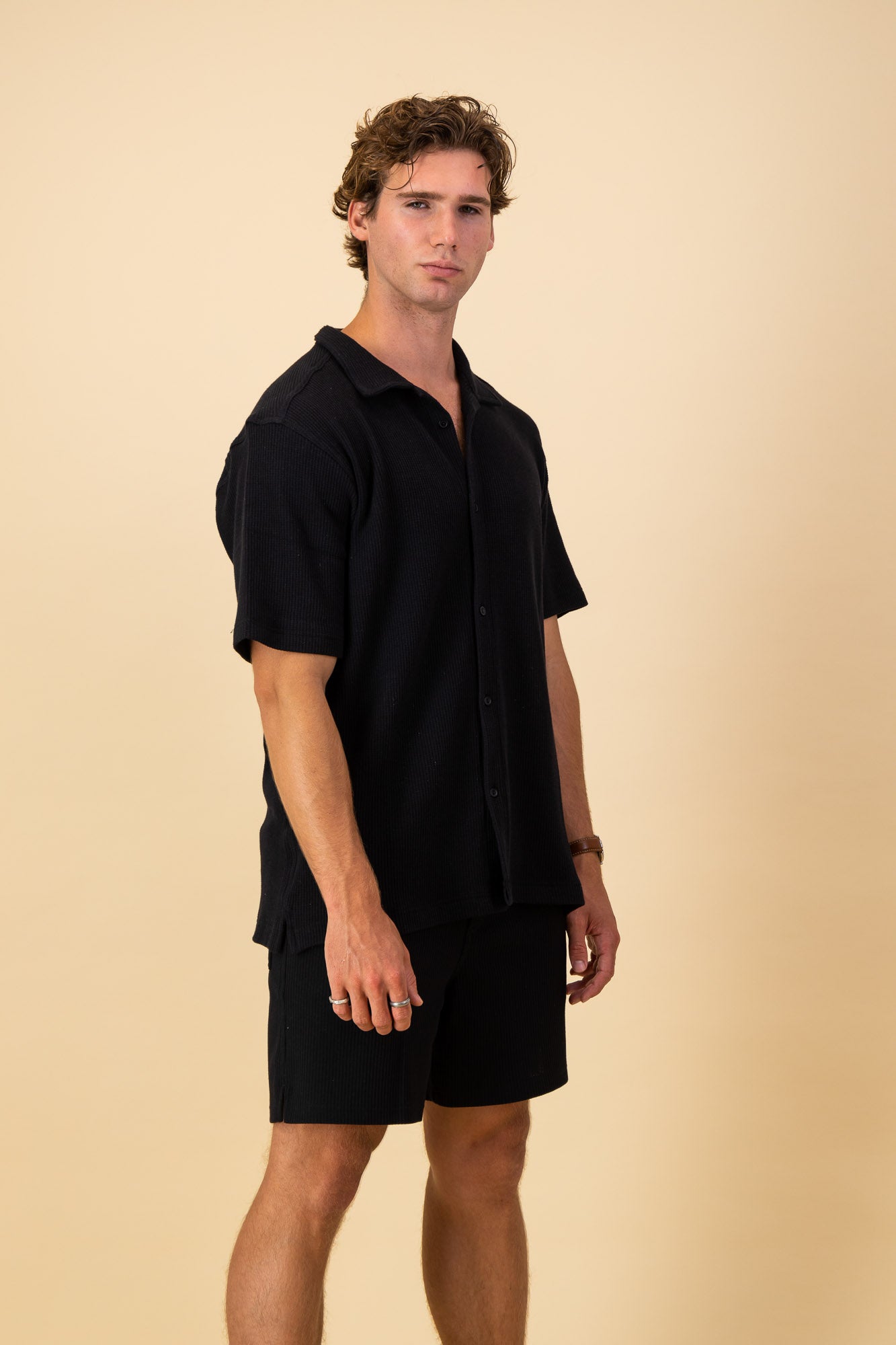 Black Cotton Waffle SS Shirt