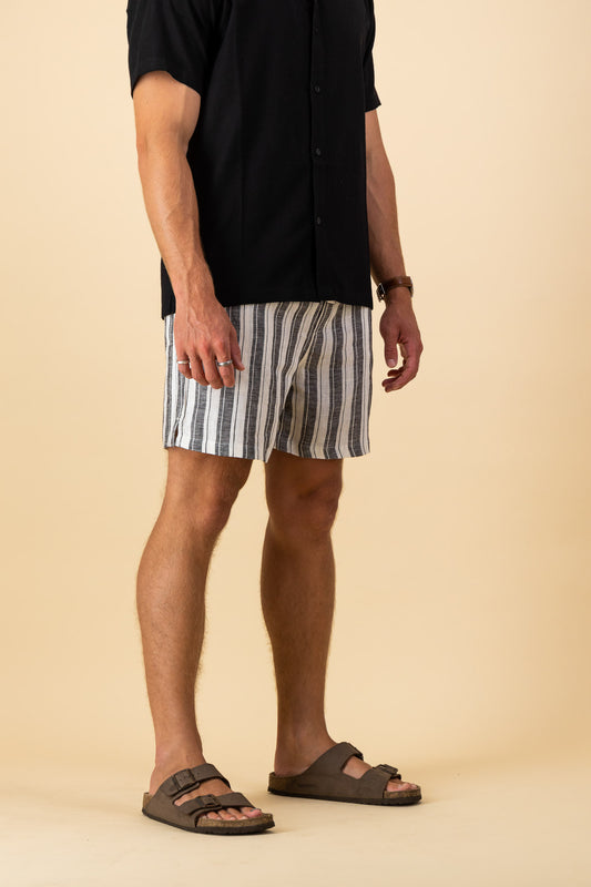 Black and Off-White Variegated Stripe Linen Shorts