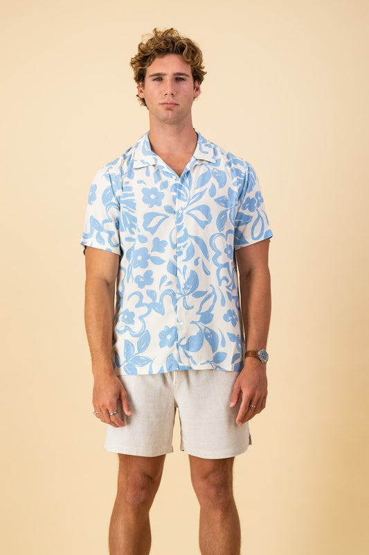 Sky Blue Naive Floral Viscose SS Shirt