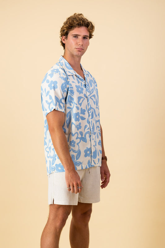 Sky Blue Naive Floral Viscose SS Shirt