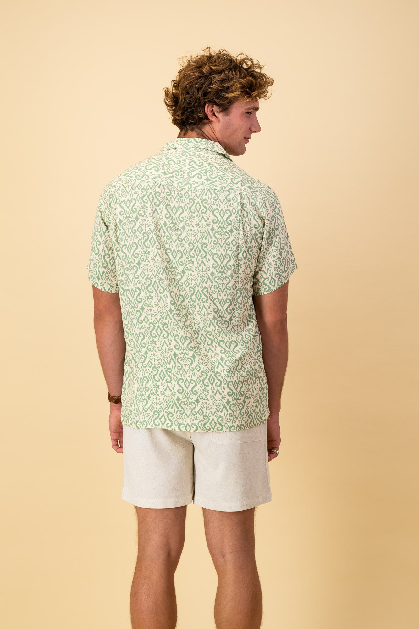 Cream and Green Tribal Viscose SS Shirt