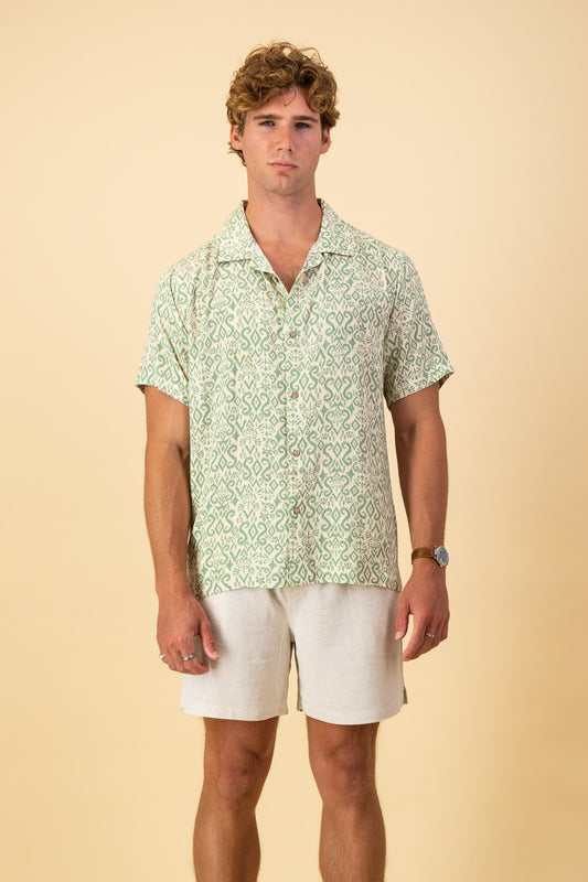 Cream and Green Tribal Viscose SS Shirt