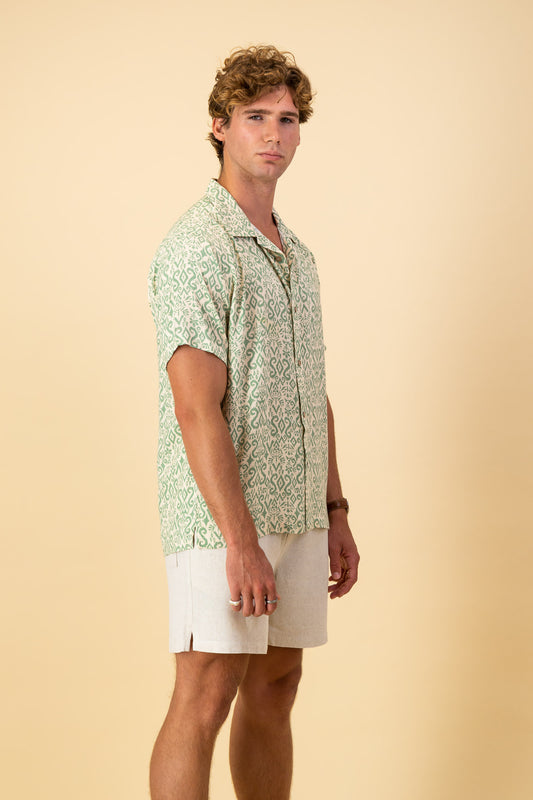 Cream and Green Tribal Viscose SS Shirt