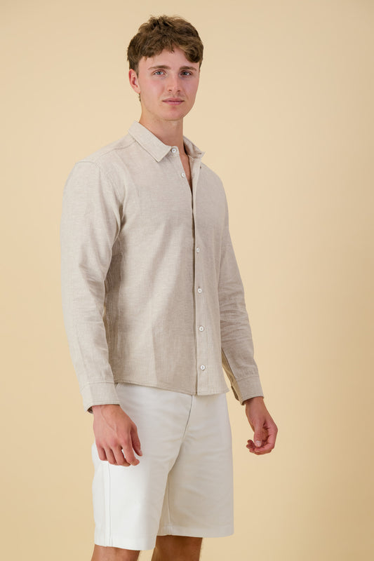 Linen Cotton LS Shirt Thin Stripe Sand