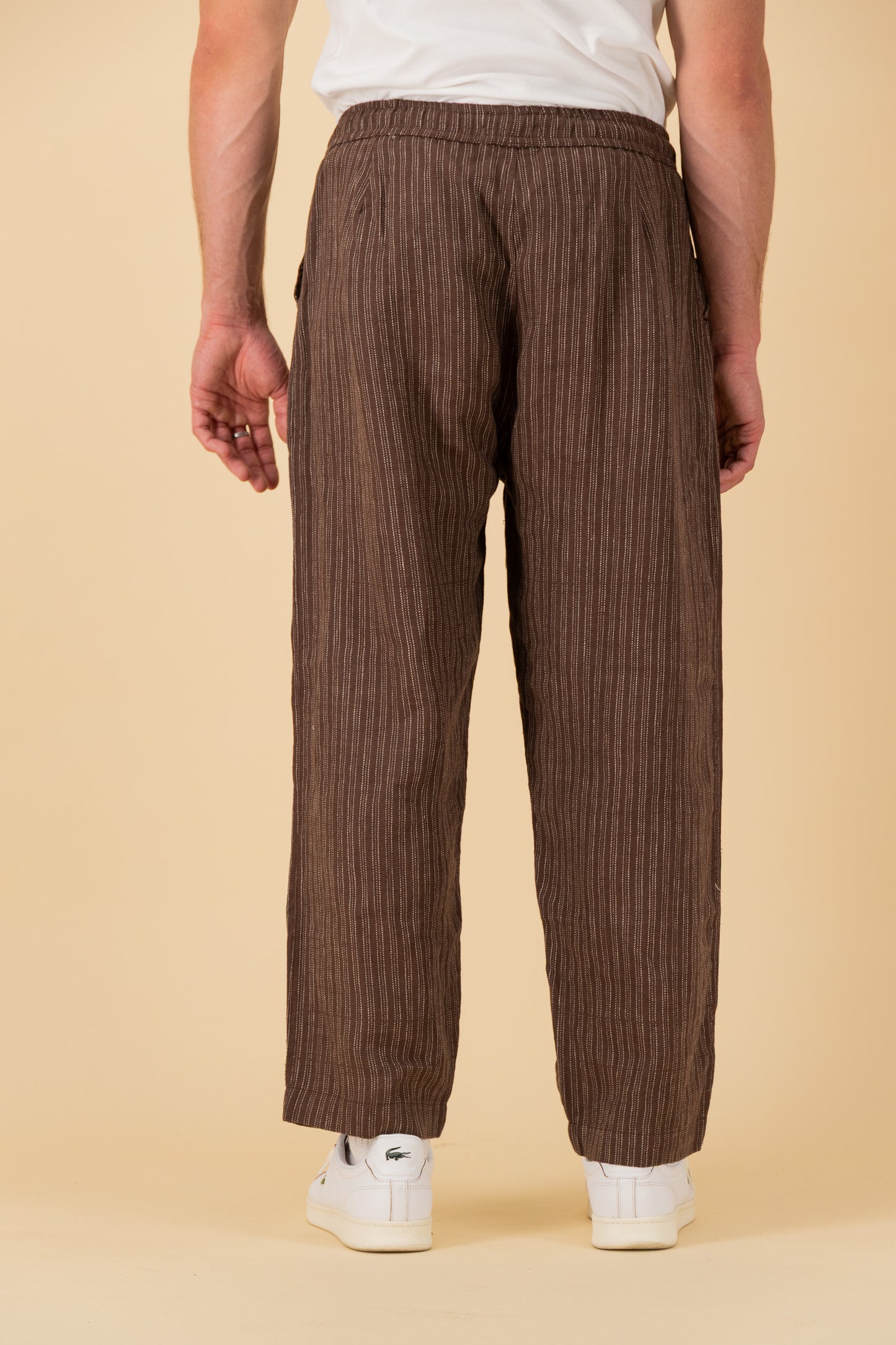 Barrel 100% Linen Chocolate Ticking Stripe, back view