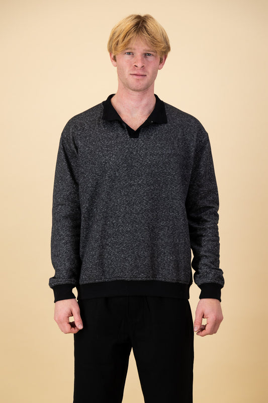 Cotton Fleece LS Polo Charcoal Marle
