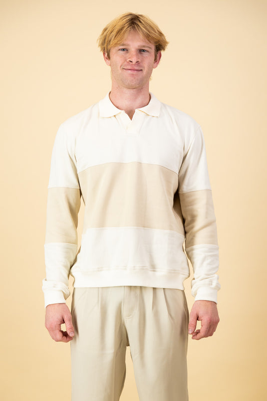 Cotton Fleece LS Polo Stripe Sand