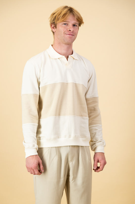 Cotton Fleece LS Polo Stripe Sand