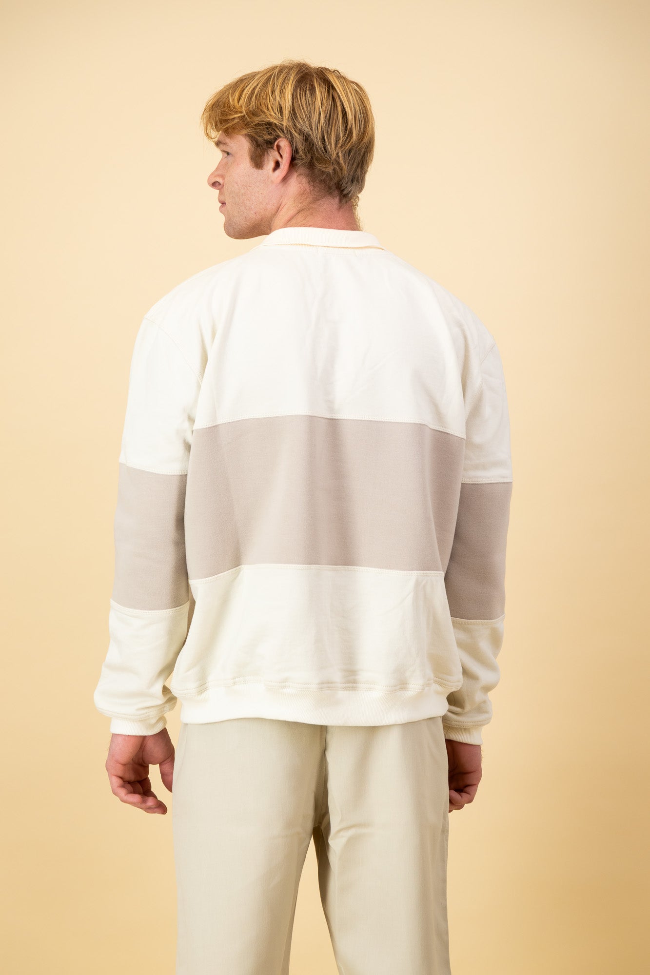 Cotton Fleece LS Polo Stripe Stone