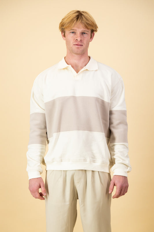 Cotton Fleece LS Polo Stripe Stone