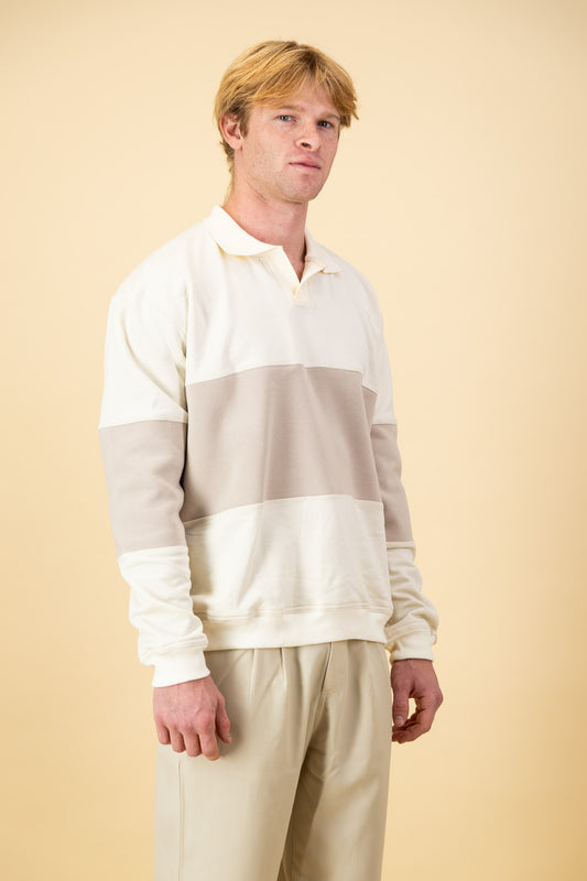 Cotton Fleece LS Polo Stripe Stone