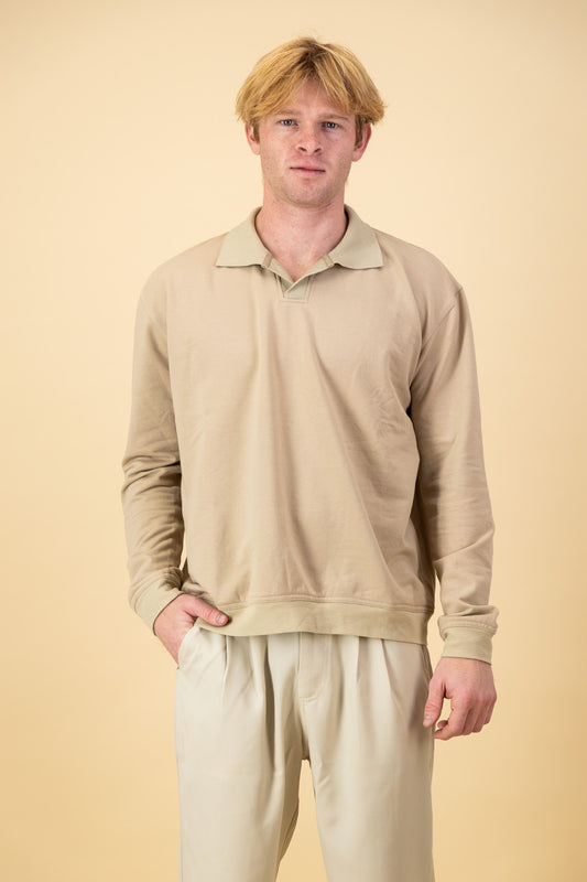 Cotton Fleece LS Polo Toffee