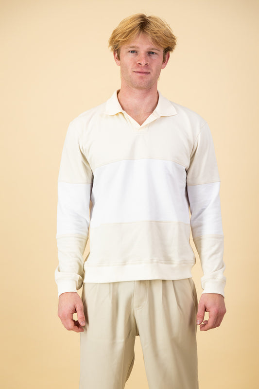 Cotton Fleece LS Polo Stripe White