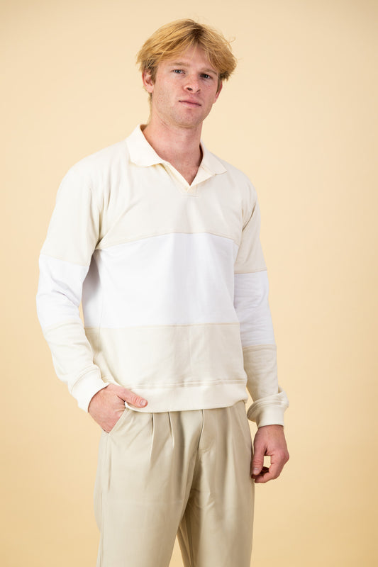 Cotton Fleece LS Polo Stripe White