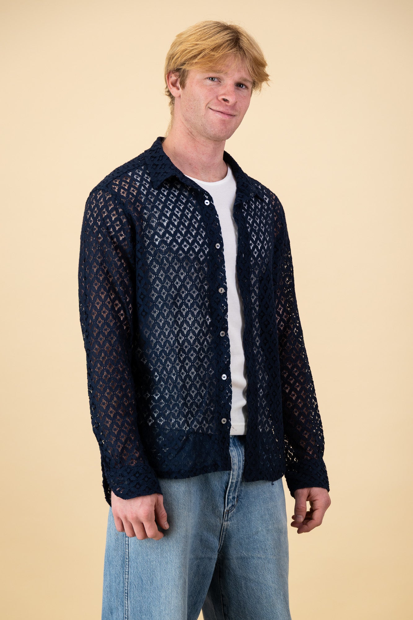 LS Shirt Lace Cotton Navy