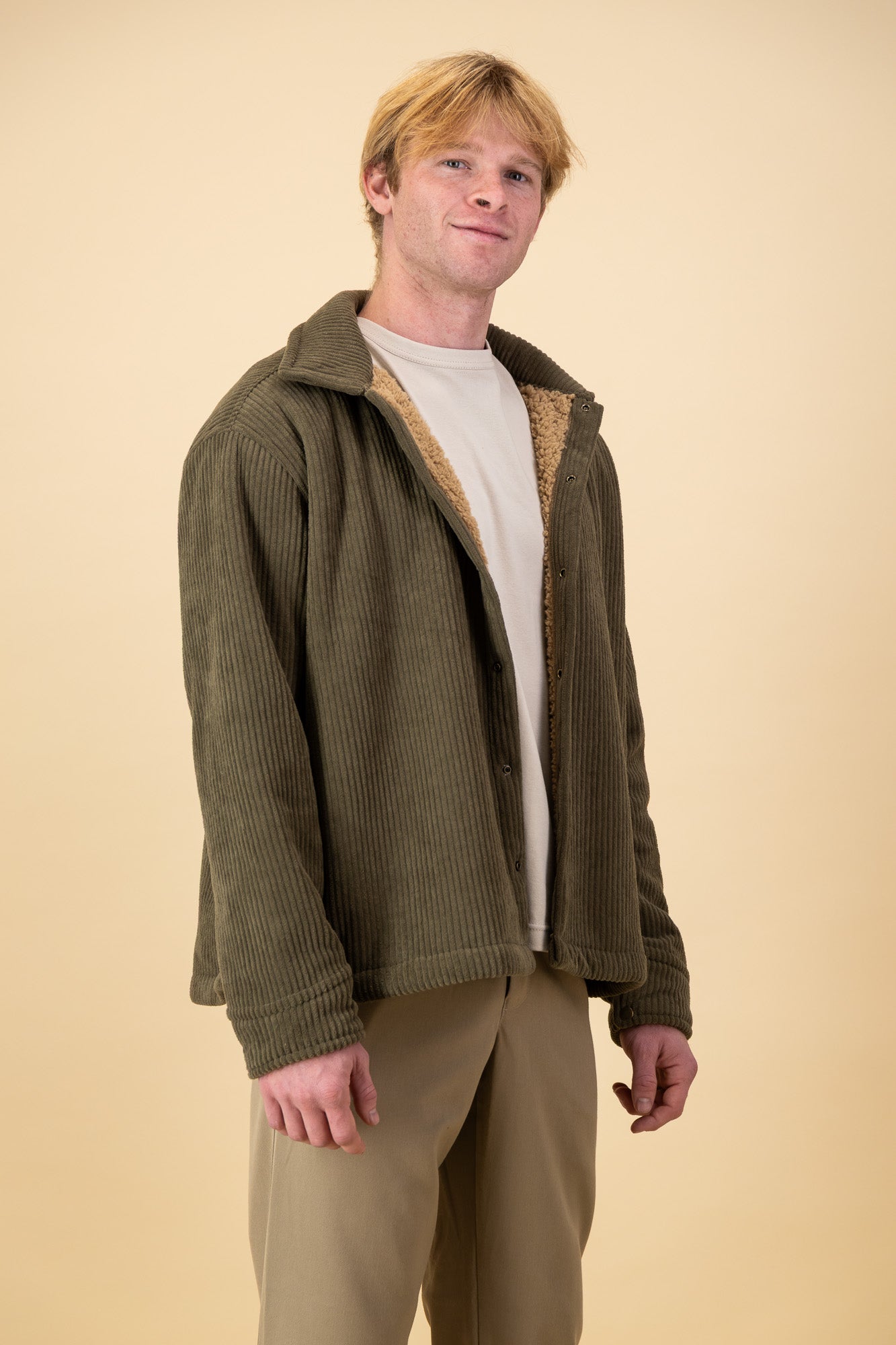 Soft Corduroy Overshirt Olive Sherpa Lined