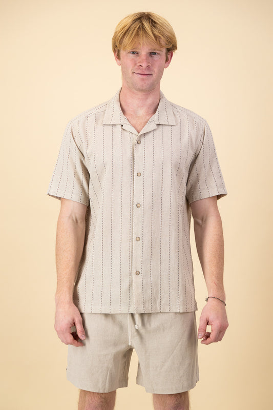 Linen Cotton Shirt Oatmeal Ticking Stripe
