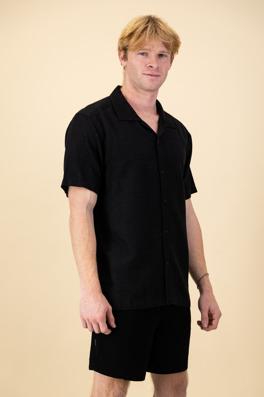 Linen Rayon Shirt Diamond Dobby Jacquard Black