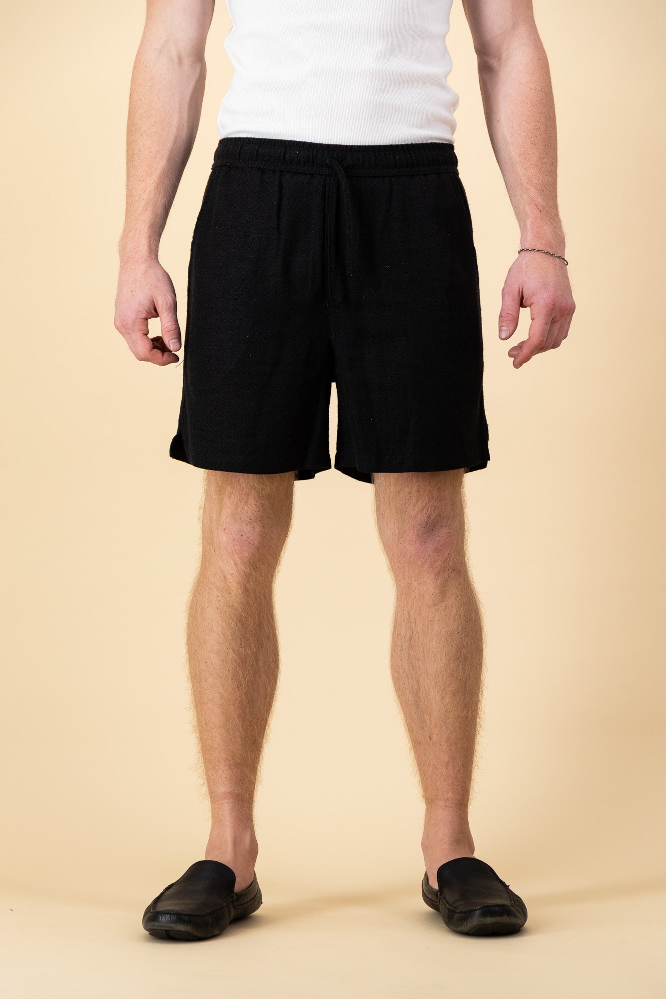 Linen Rayon Shorts Diamond Dobby Jacquard Black
