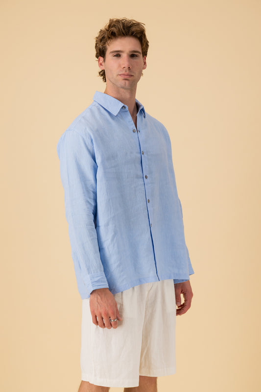 LS Shirt Boxy 100% Linen Sky Marle, side view