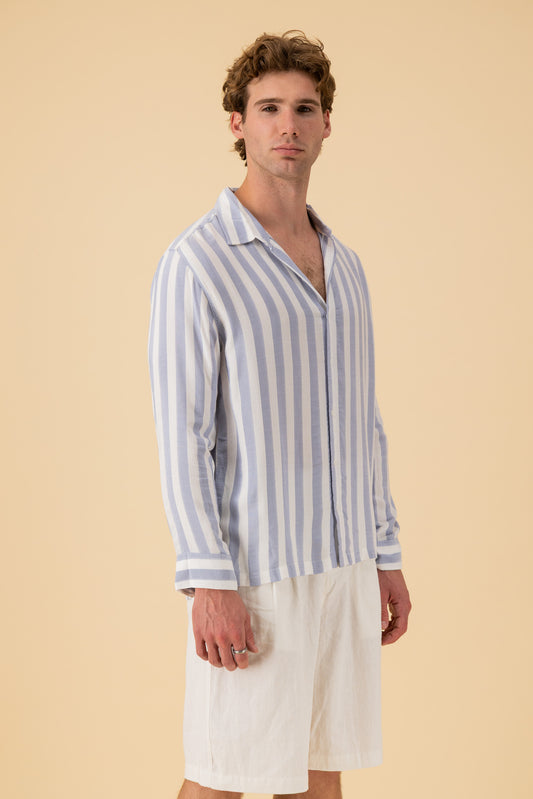 LS Shirt Boxy Viscose Mesh Stripe Sky, side view