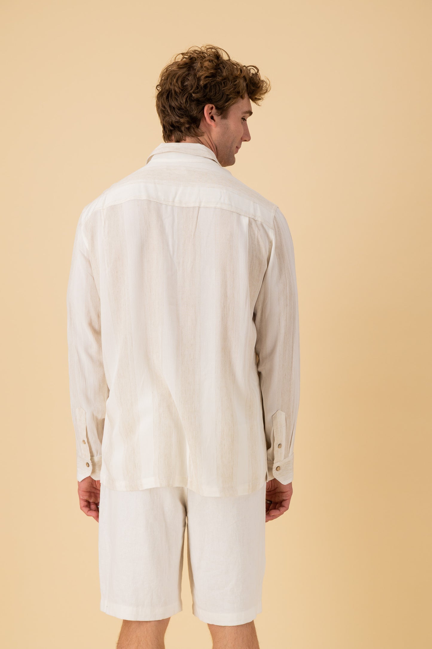 LS Shirt Regular Viscose Crepe Muslin Stripe Off-White, back view