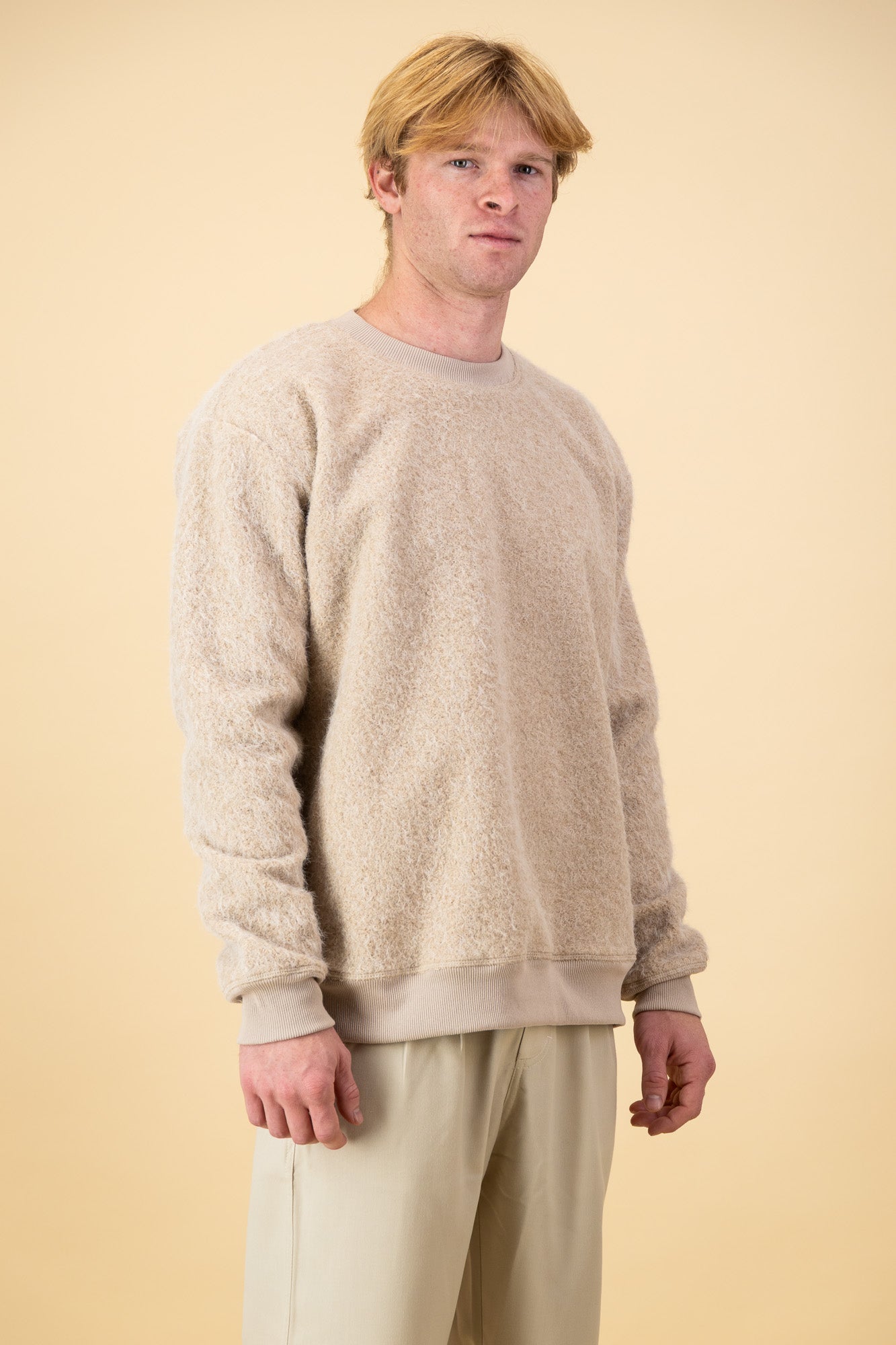Beige Boiled Wool-look Crew Neck Sweater