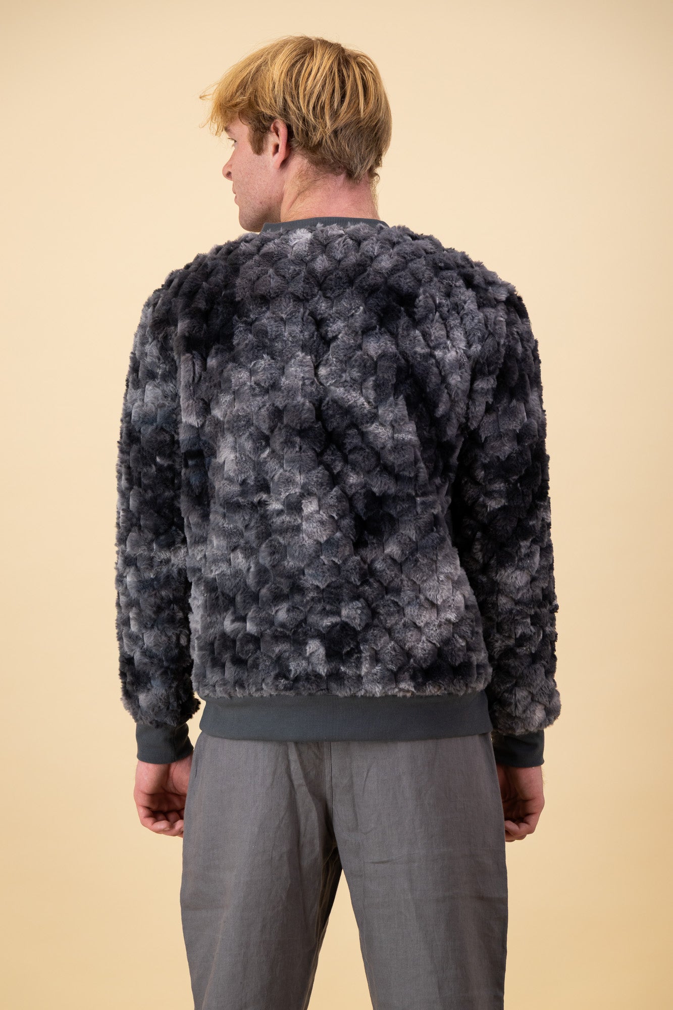 Grey Marble Hex Fur Crew Neck Sweater