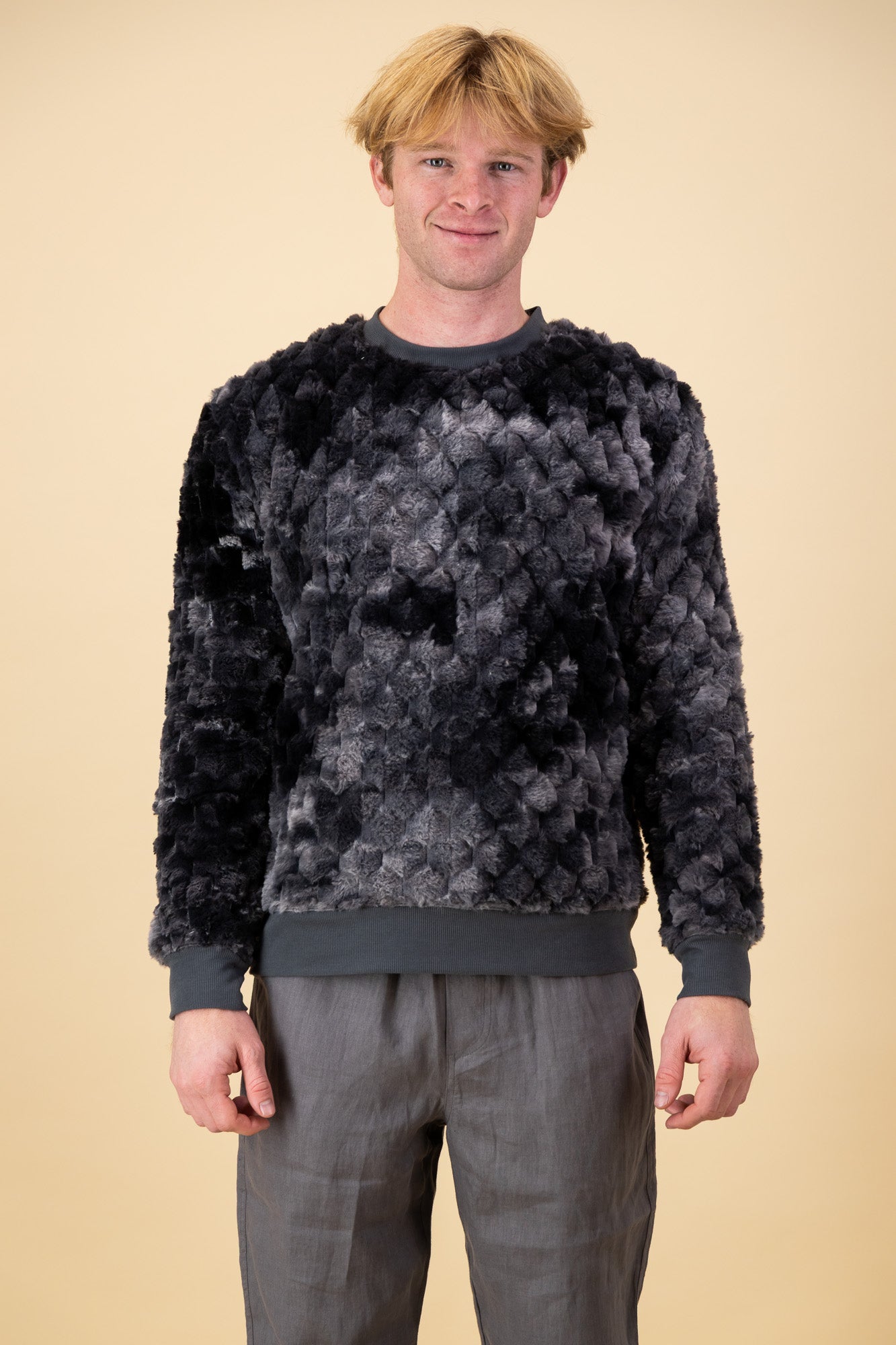 Grey Marble Hex Fur Crew Neck Sweater