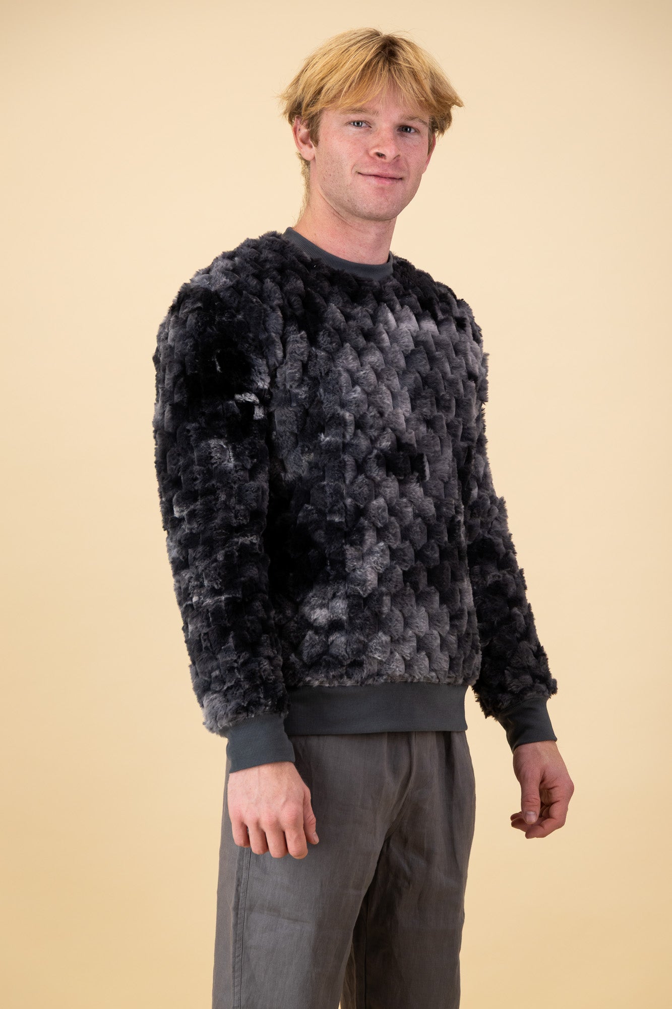 Grey Marble Hex Fur Crew Neck Sweater