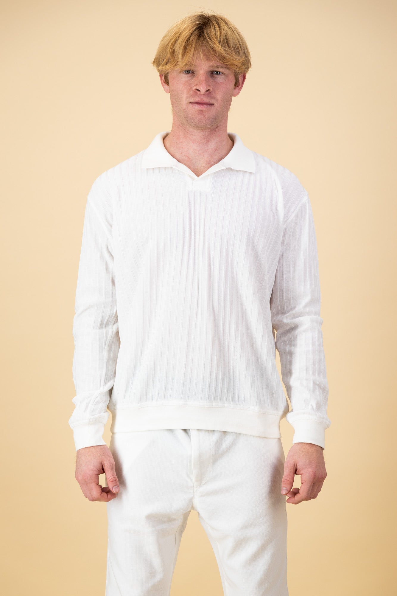 Poly Wide Rib LS Polo White