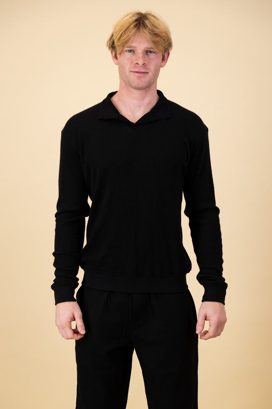 Rayon-rich Rib LS Polo Black