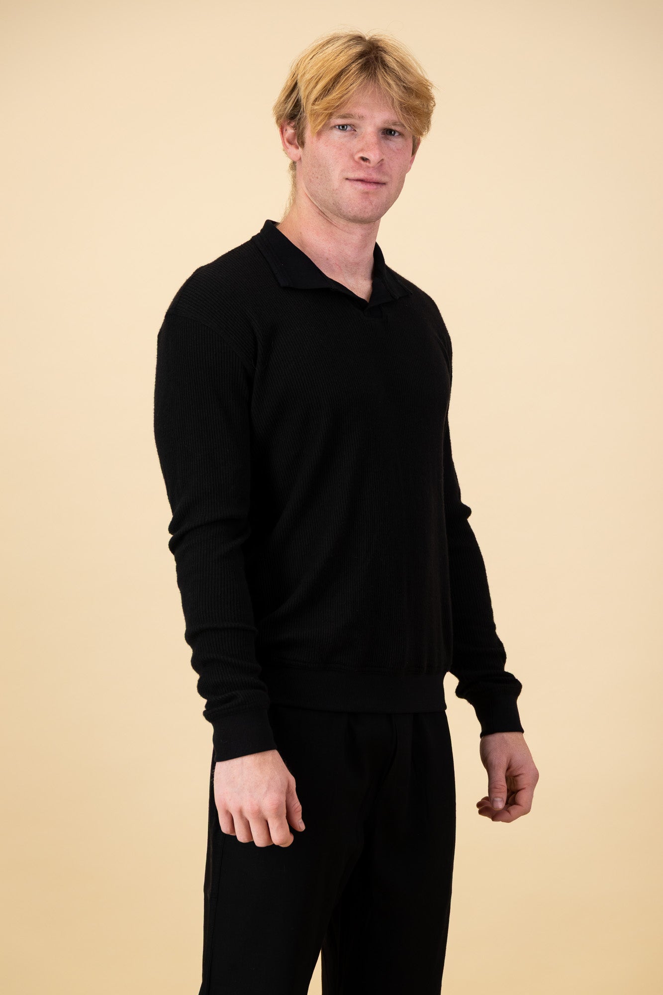 Rayon-rich Rib LS Polo Black