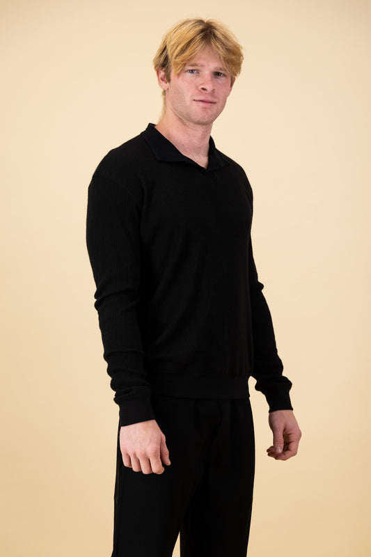 Rayon-rich Rib LS Polo Black