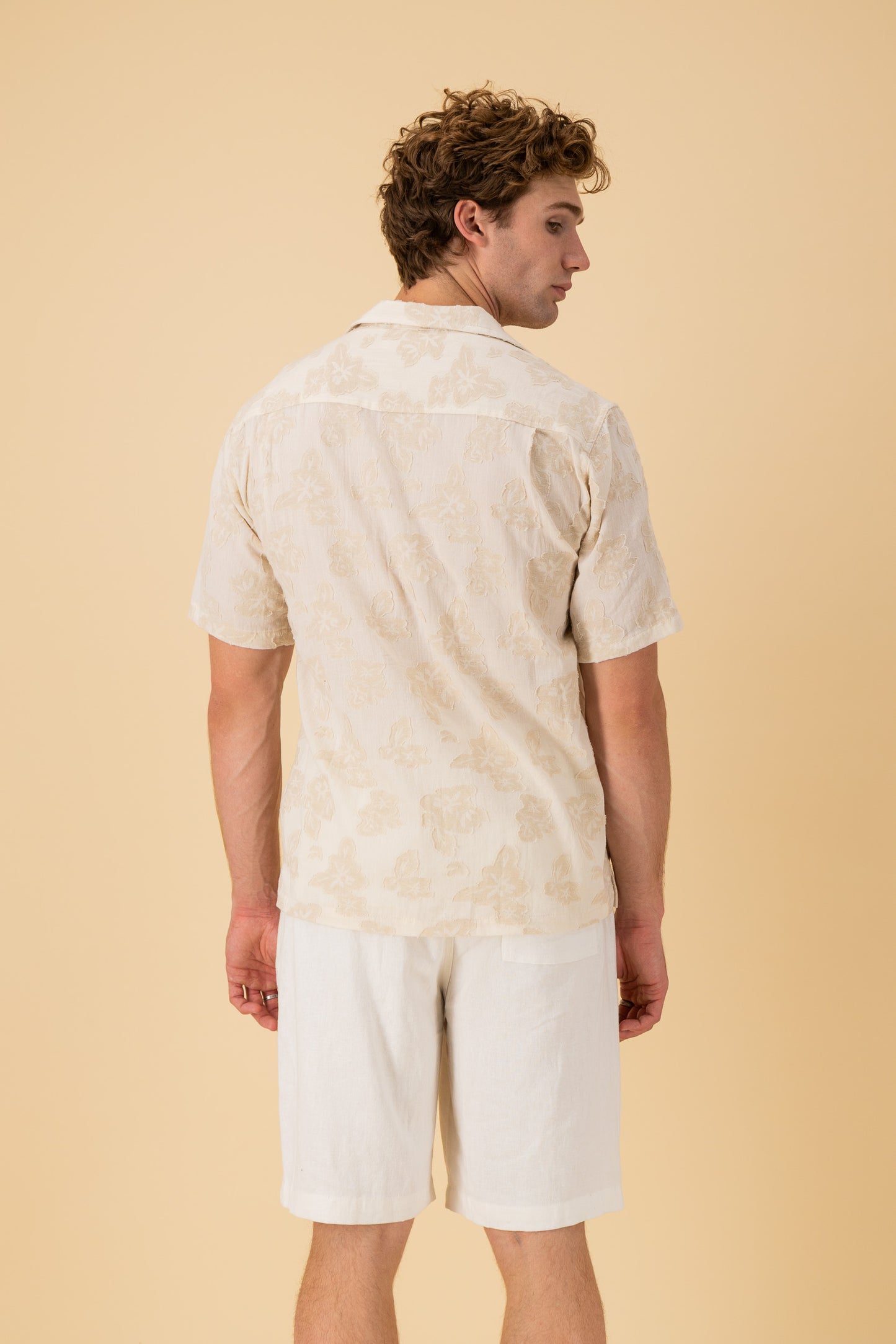 SS Shirt Poly Cotton Applique Floral Cream, back view