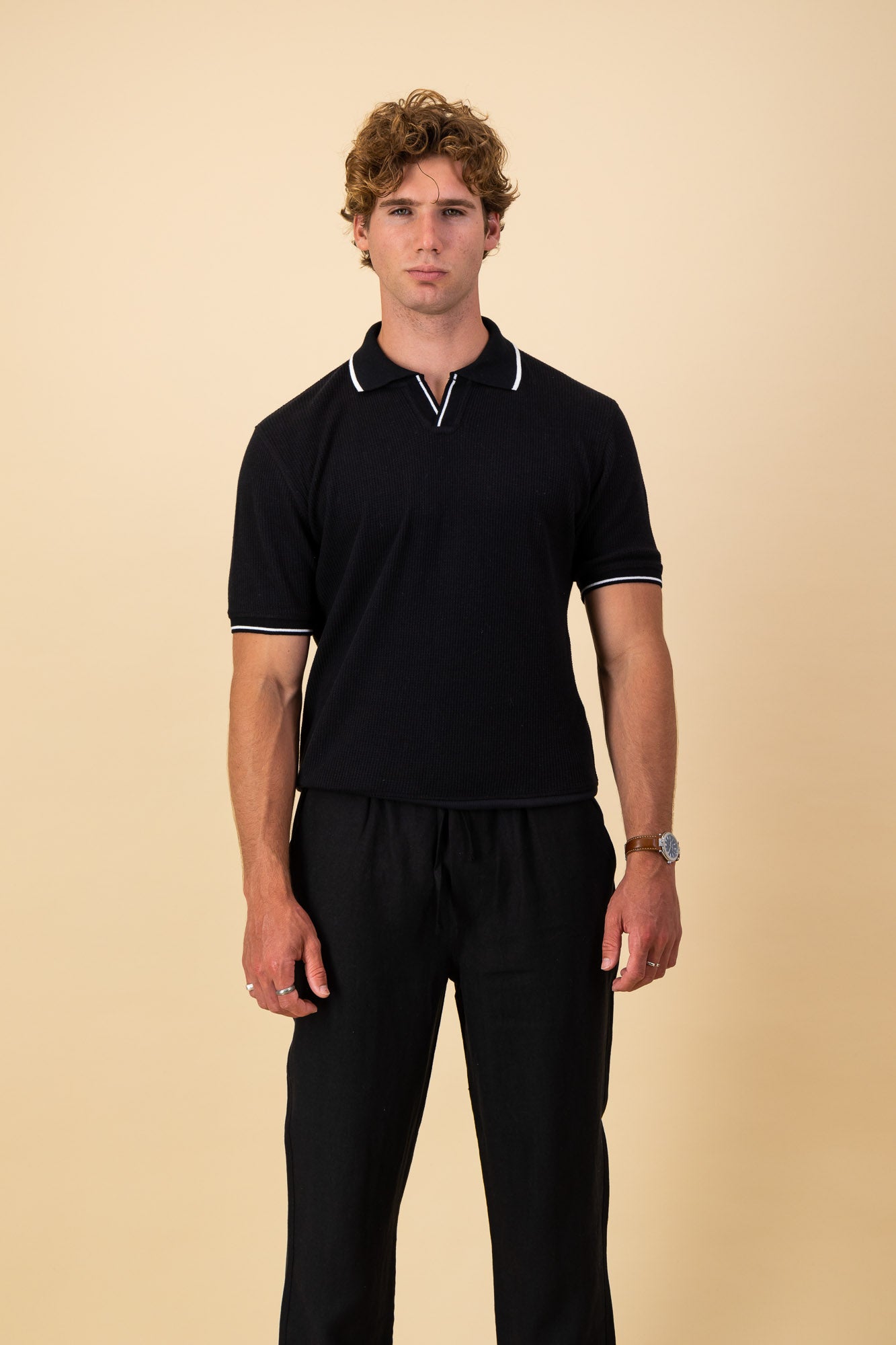 Polo Black Cotton Waffle SS