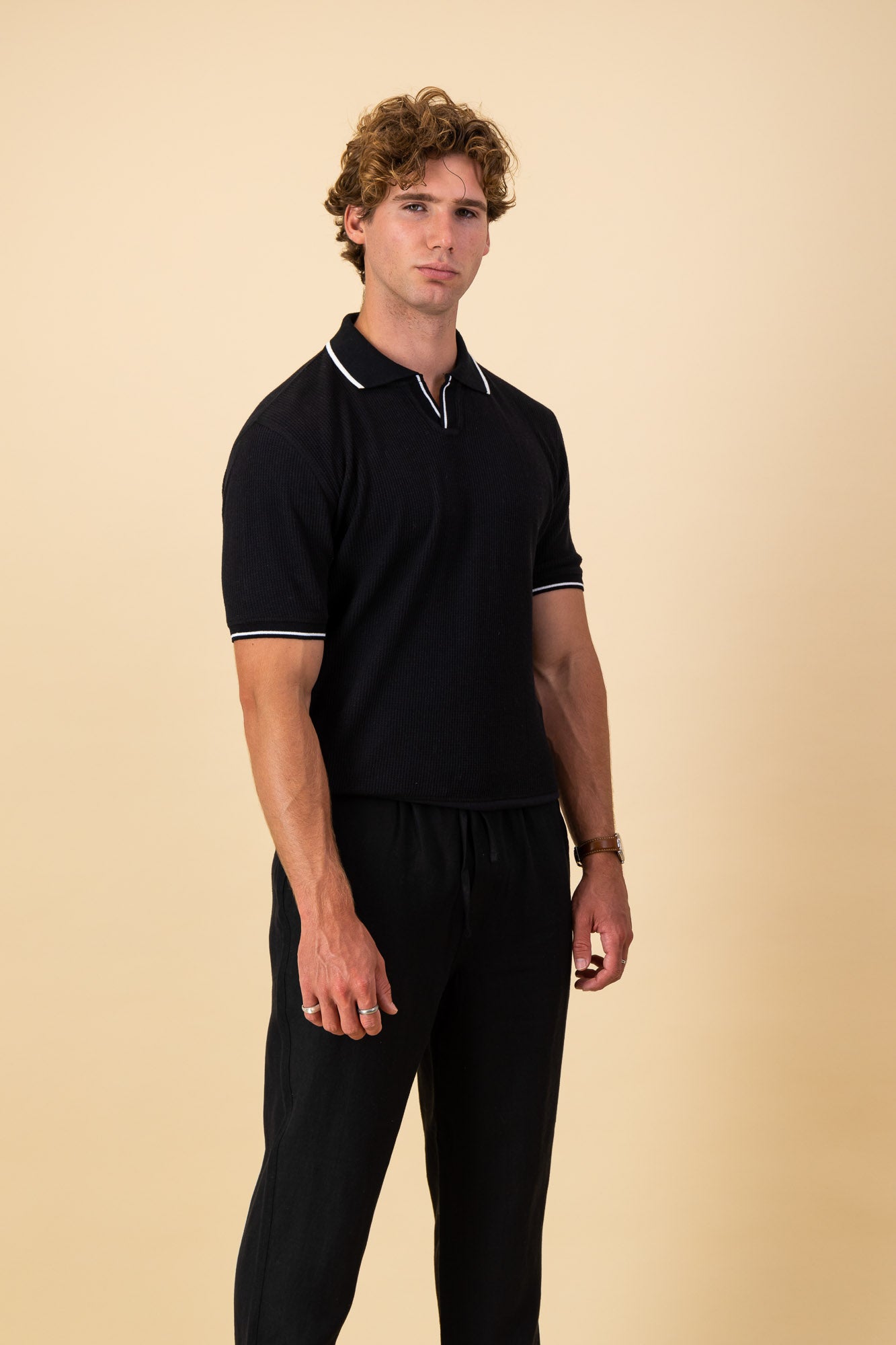 Polo Black Cotton Waffle SS