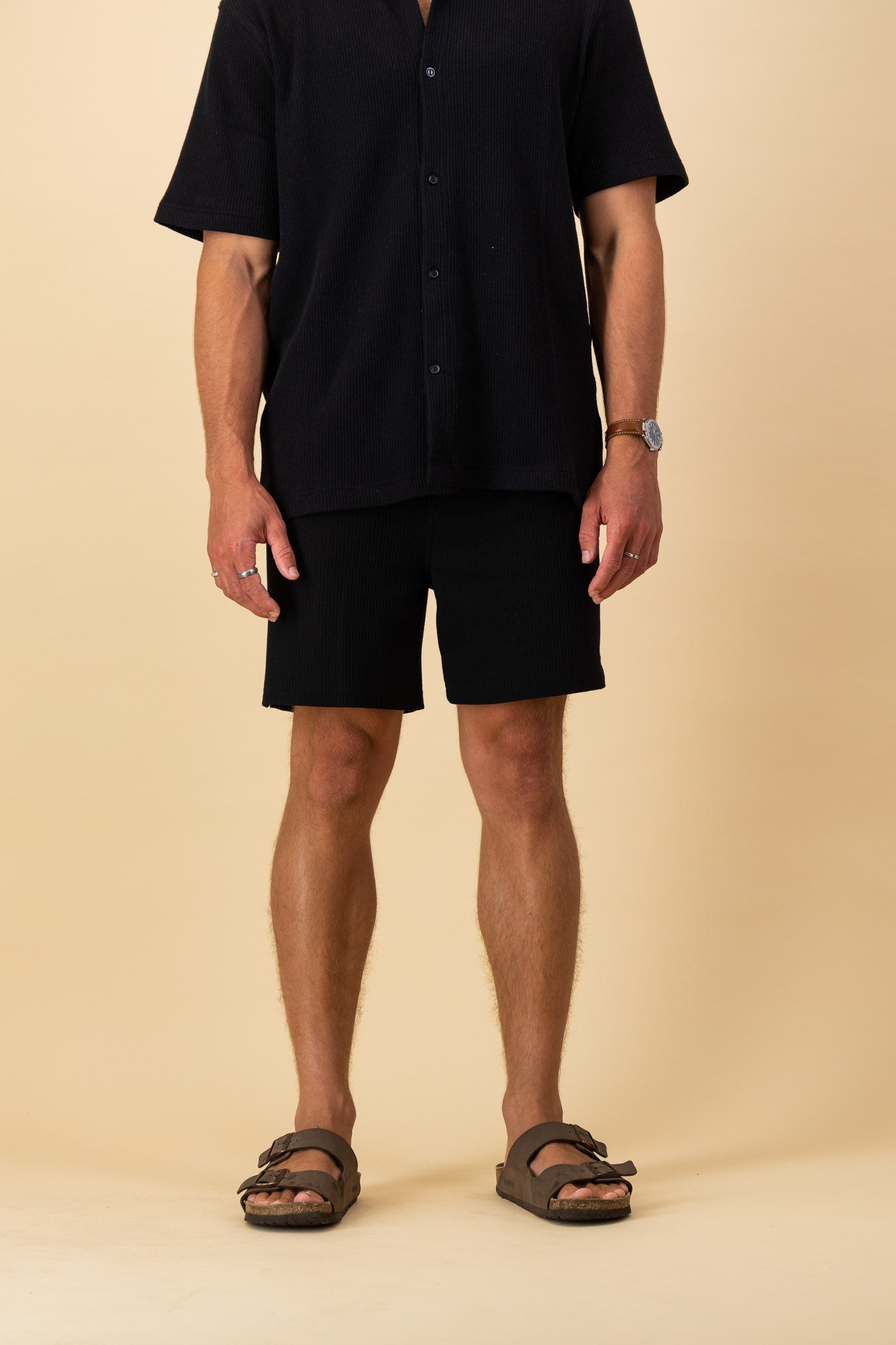 Black Cotton Waffle Shorts