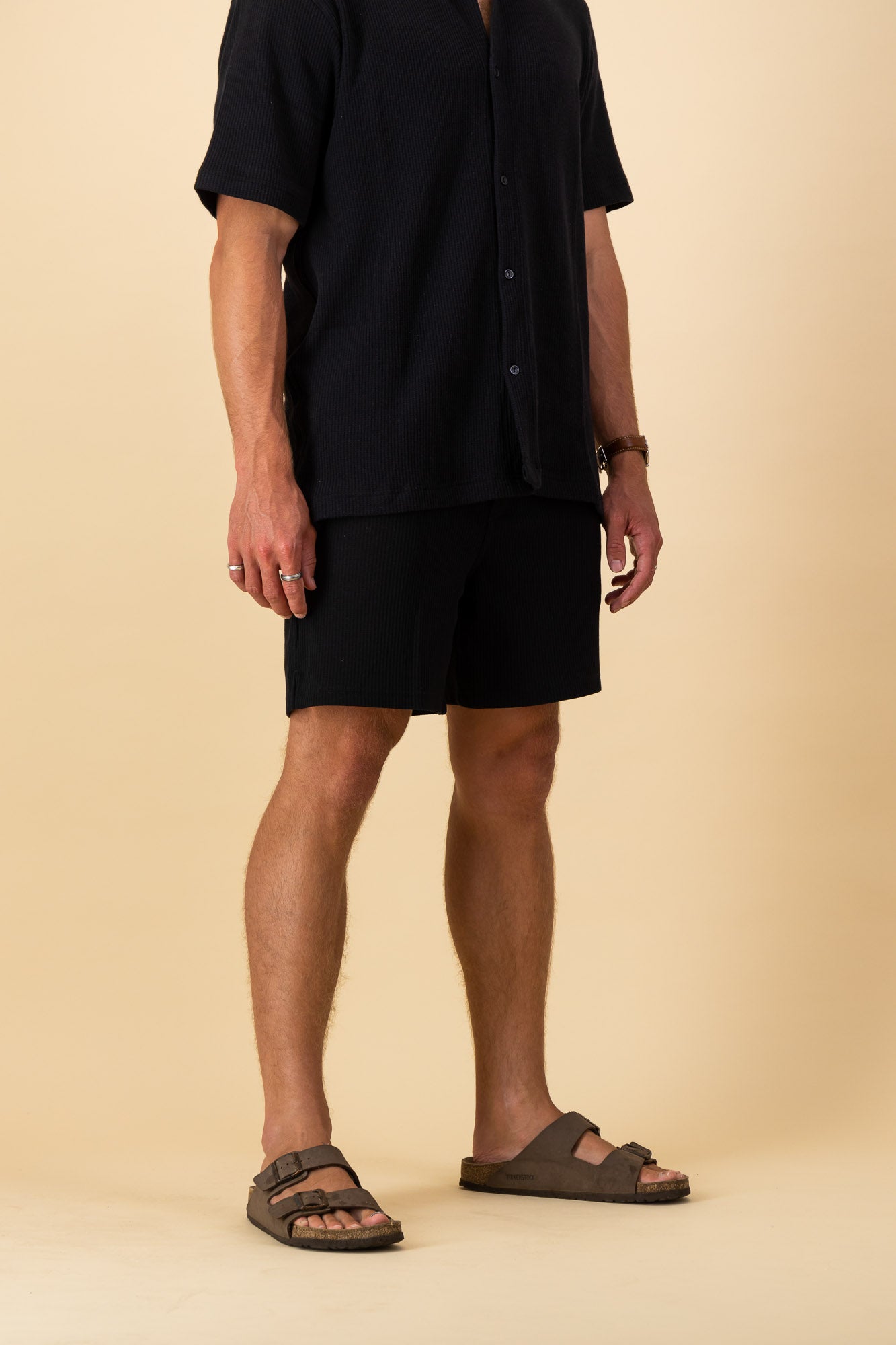 Black Cotton Waffle Shorts