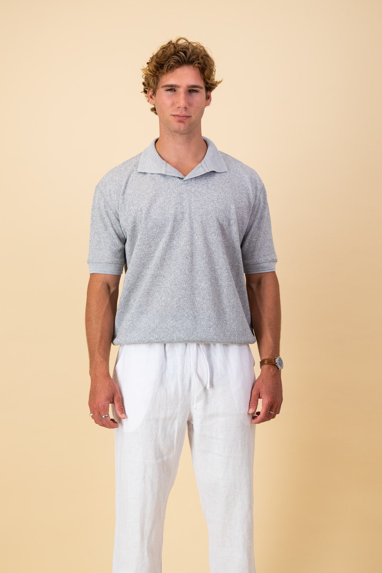 Grey Fine Stripe Poly SS Polo