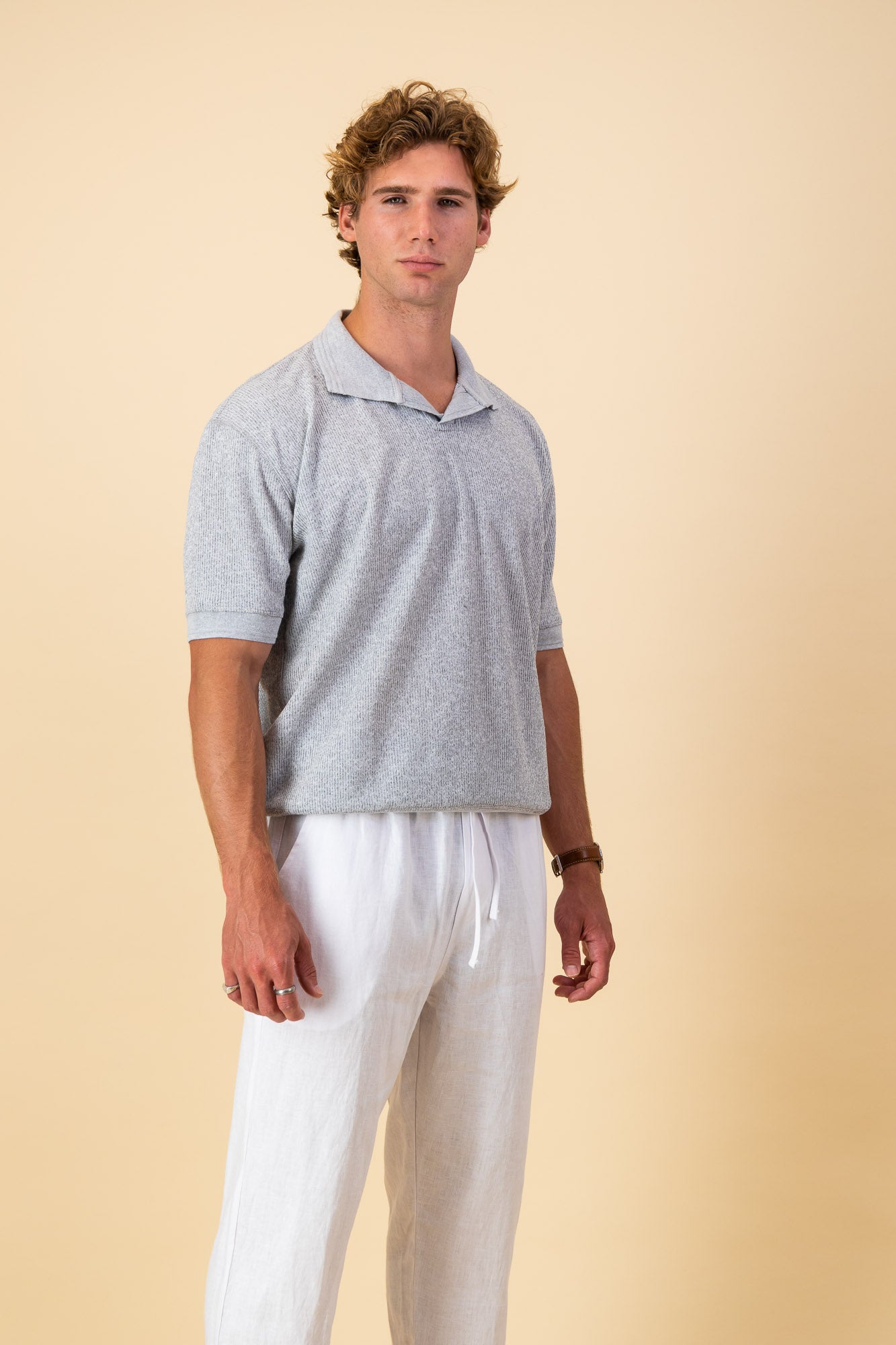 Grey Fine Stripe Poly SS Polo