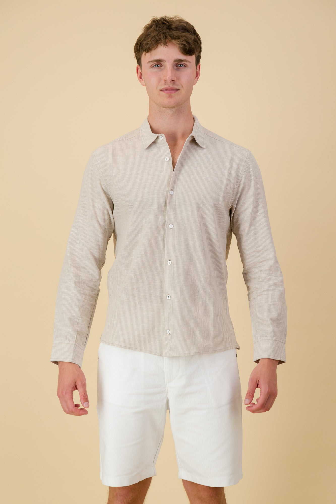 Linen Cotton LS Shirt Thin Stripe Sand