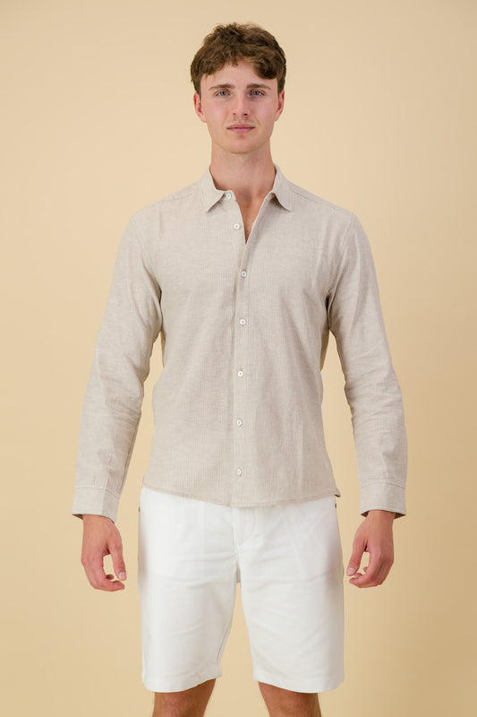 Linen Cotton LS Shirt Thin Stripe Sand