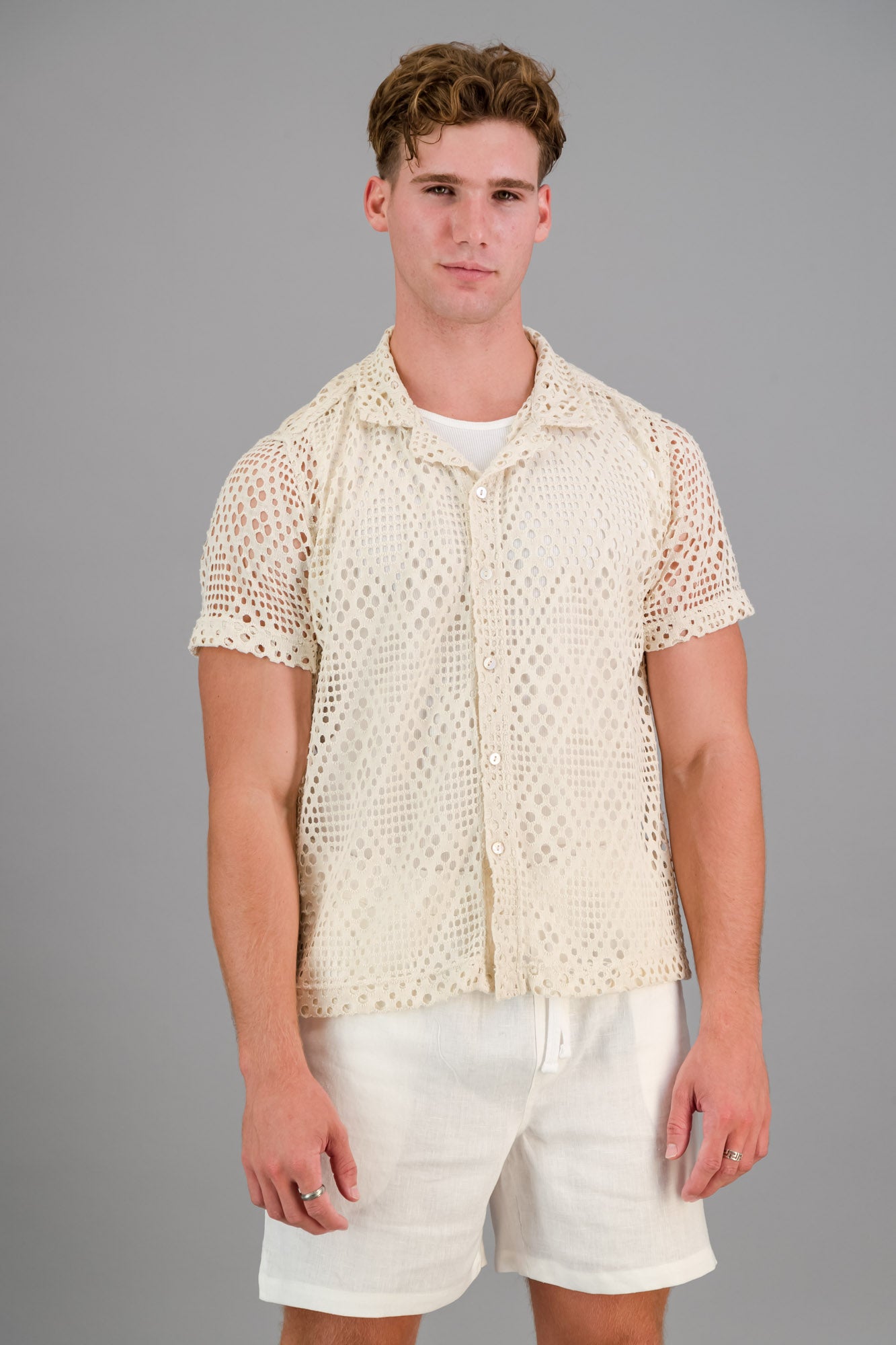 Cotton-rich Crochet Shirt Cream