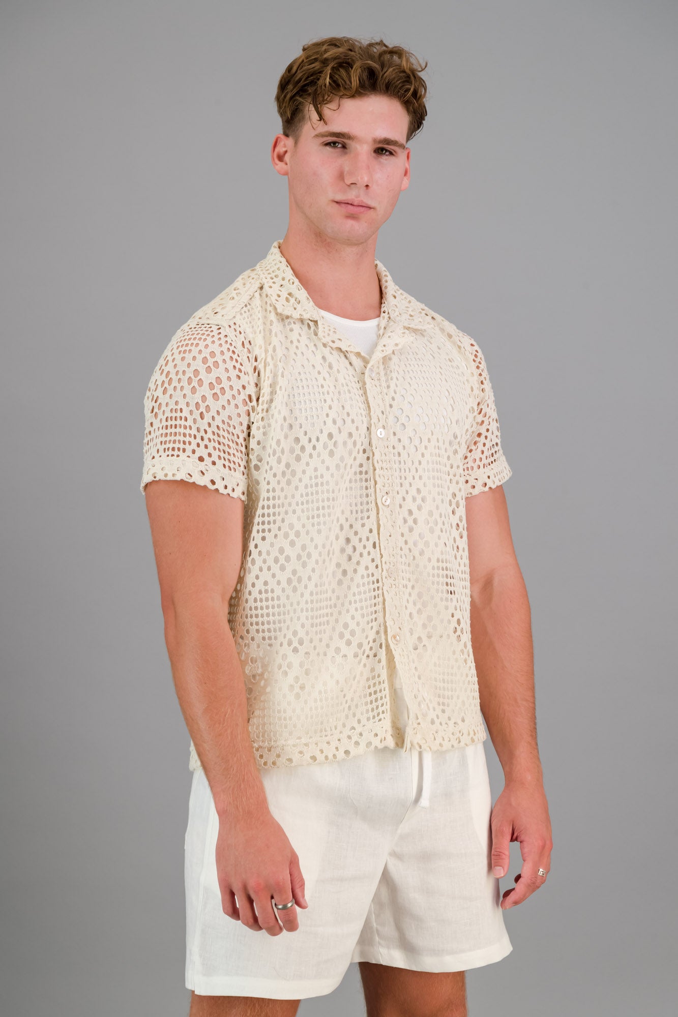 Cotton-rich Crochet Shirt Cream