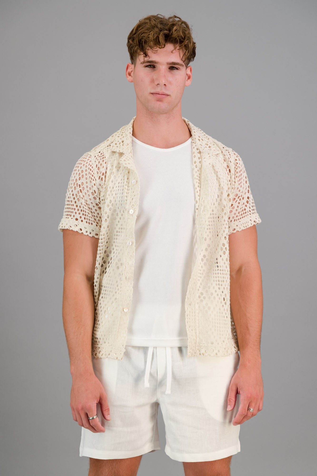 Cotton-rich Crochet Shirt Cream