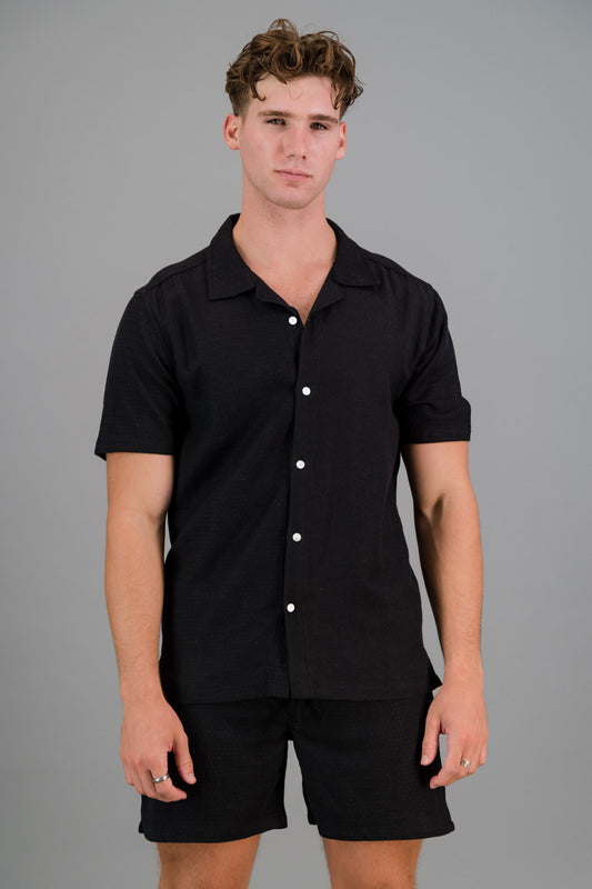 Linen Rayon Shirt Diamond Dobby Jacquard Black